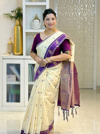 Ivory Cream Cotton Silk Saree with Purple Zari Border