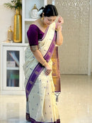 Ivory Cream Cotton Silk Saree with Purple Zari Border