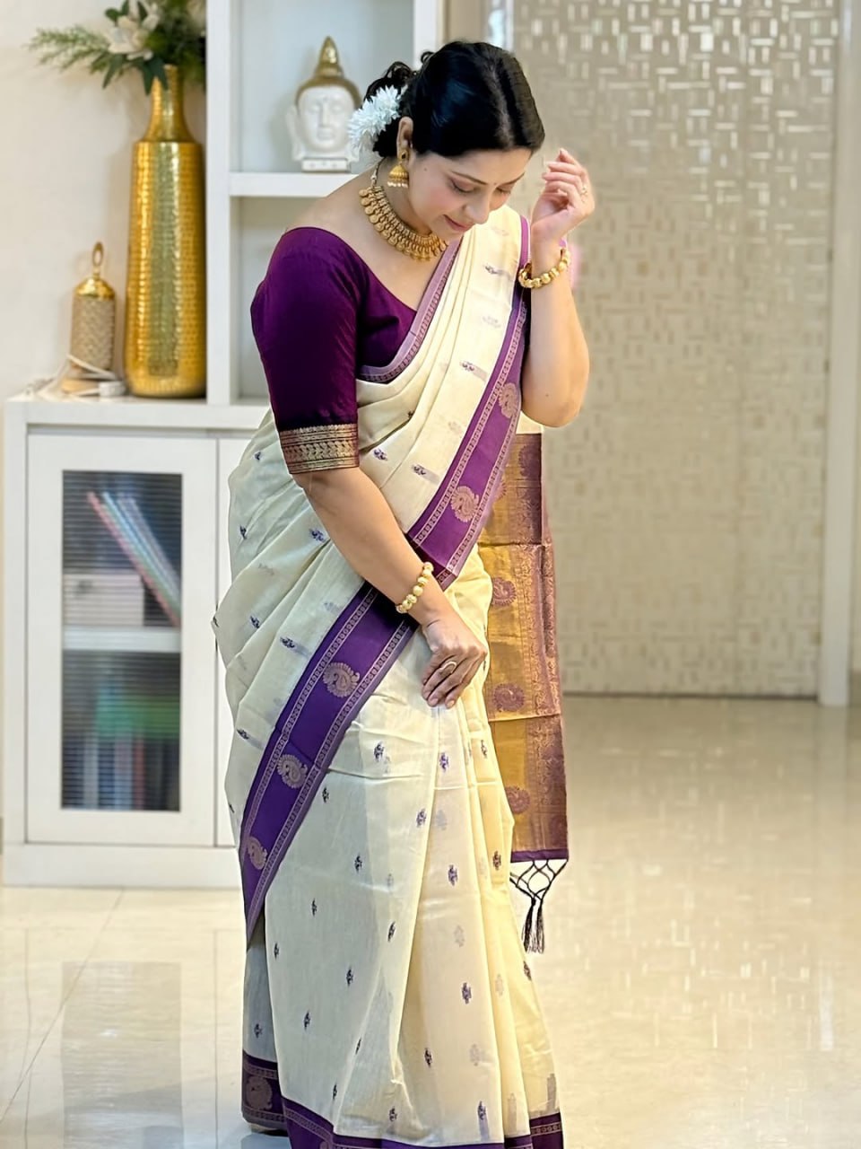 Ivory Cream Cotton Silk Saree with Purple Zari Border
