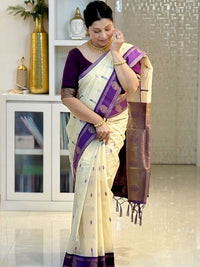 Ivory Cream Cotton Silk Saree with Purple Zari Border