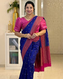 Royal Blue Cotton Silk Saree with Magenta Zari Border
