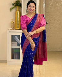 Royal Blue Cotton Silk Saree with Magenta Zari Border