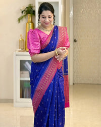 Royal Blue Cotton Silk Saree with Magenta Zari Border