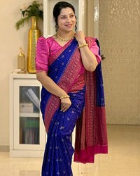 Royal Blue Cotton Silk Saree with Magenta Zari Border