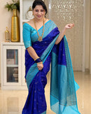 Royal Blue Cotton Silk Saree with Sky Blue Zari Border