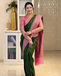 Emerald Green Cotton Silk Saree with Blush Pink Zari Border