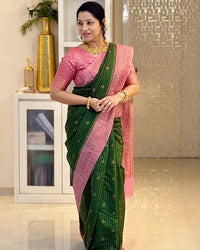 Emerald Green Cotton Silk Saree with Blush Pink Zari Border