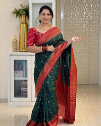 Bottle Green Cotton Silk Saree with Coral Red Zari Border