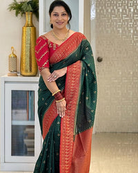 Bottle Green Cotton Silk Saree with Coral Red Zari Border