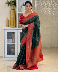 Bottle Green Cotton Silk Saree with Coral Red Zari Border