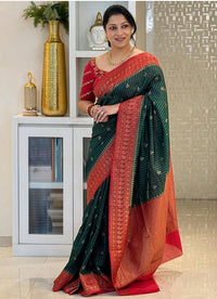Bottle Green Cotton Silk Saree with Coral Red Zari Border