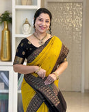 Mustard Yellow Cotton Silk Saree with Black Zari Border
