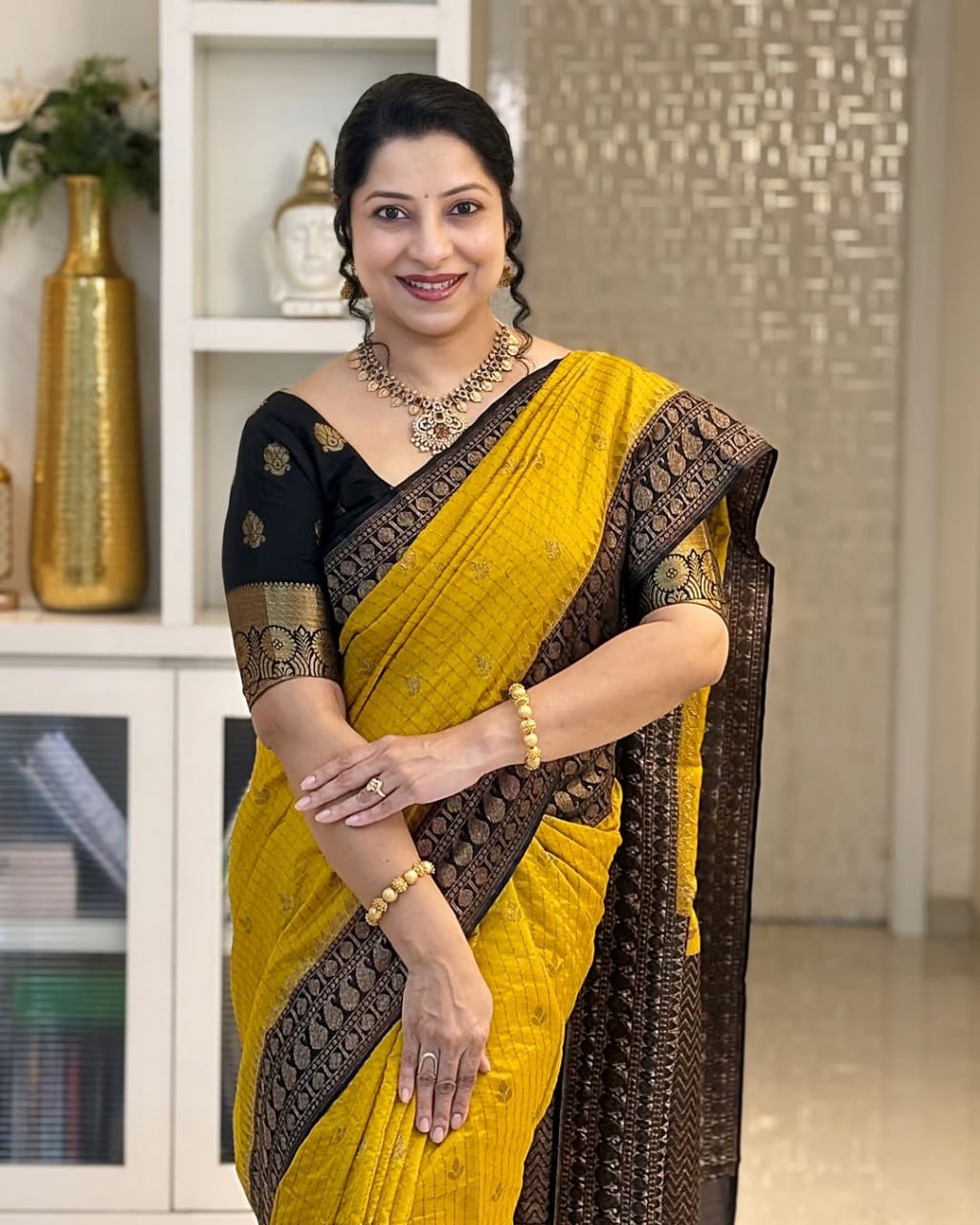 Mustard Yellow Cotton Silk Saree with Black Zari Border
