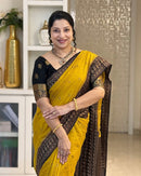 Mustard Yellow Cotton Silk Saree with Black Zari Border