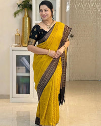 Mustard Yellow Cotton Silk Saree with Black Zari Border