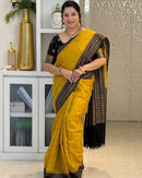 Mustard Yellow Cotton Silk Saree with Black Zari Border