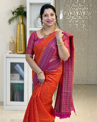 Orange Pink Cotton Silk Saree with Woven Zari Border