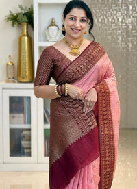 Rose Pink Cotton Silk Saree with Maroon Zari Border