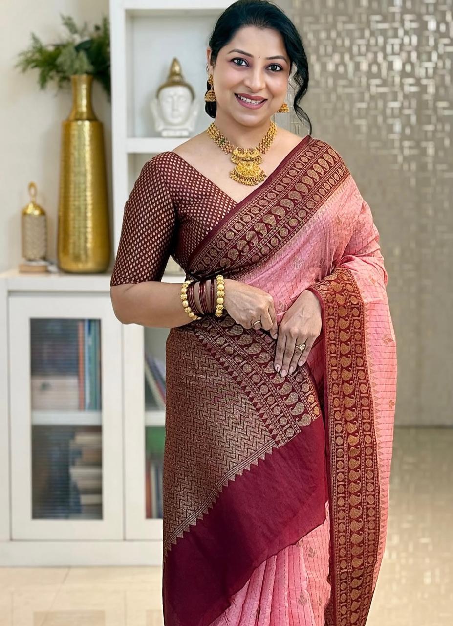 Rose Pink Cotton Silk Saree with Maroon Zari Border