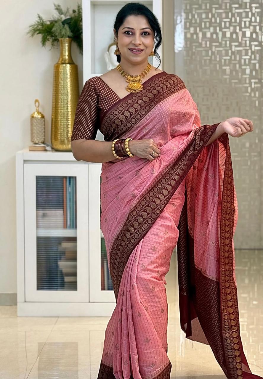 Rose Pink Cotton Silk Saree with Maroon Zari Border