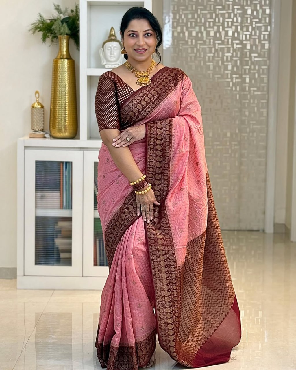 Rose Pink Cotton Silk Saree with Maroon Zari Border