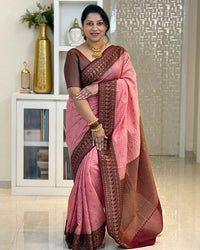 Rose Pink Cotton Silk Saree with Maroon Zari Border