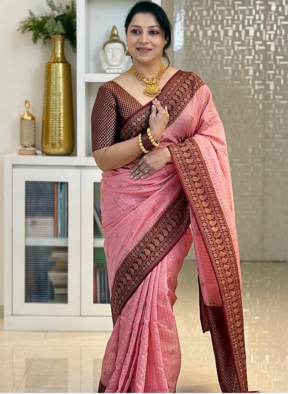 Rose Pink Cotton Silk Saree with Maroon Zari Border