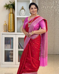 Ruby Red Cotton Silk Saree with Rose Pink Zari Border