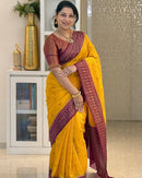 Mustard Yellow Cotton Silk Saree with Maroon Zari Border
