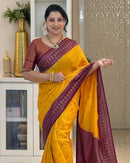 Mustard Yellow Cotton Silk Saree with Maroon Zari Border
