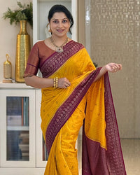 Mustard Yellow Cotton Silk Saree with Maroon Zari Border