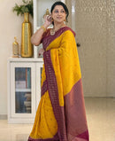 Mustard Yellow Cotton Silk Saree with Maroon Zari Border