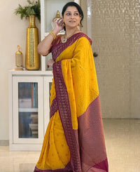 Mustard Yellow Cotton Silk Saree with Maroon Zari Border