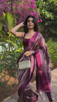 Wine Pink Tissue Silk Saree with Zari Stripes