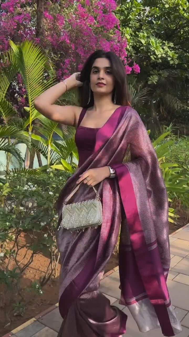 Wine Pink Tissue Silk Saree with Zari Stripes