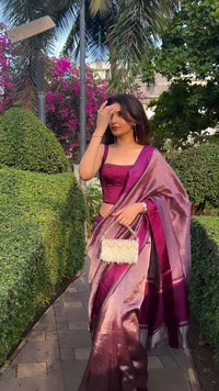 Wine Pink Tissue Silk Saree with Zari Stripes