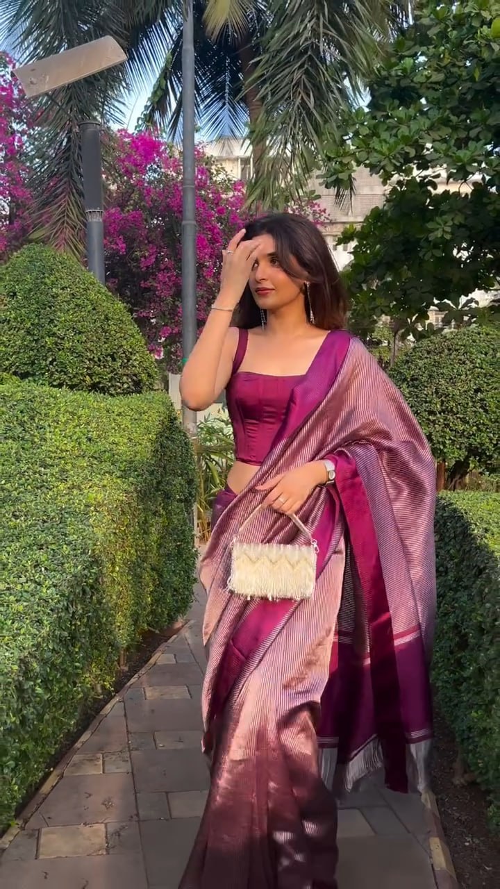 Wine Pink Tissue Silk Saree with Zari Stripes