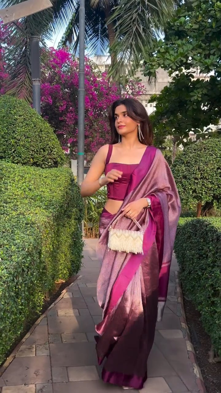 Wine Pink Tissue Silk Saree with Zari Stripes