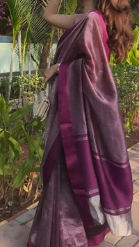 Wine Pink Tissue Silk Saree with Zari Stripes