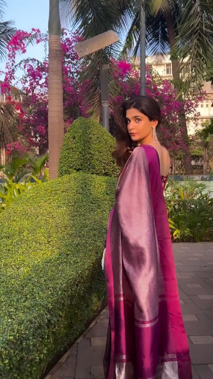 Wine Pink Tissue Silk Saree with Zari Stripes