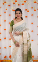 Elegant Ivory White Cotton Saree with Olive Green Border – Minimal Festive Look