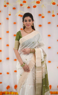 Elegant Ivory White Cotton Saree with Olive Green Border – Minimal Festive Look