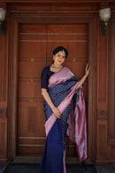 Navy Blue and Baby Pink Banarasi Silk Saree with Woven Motifs