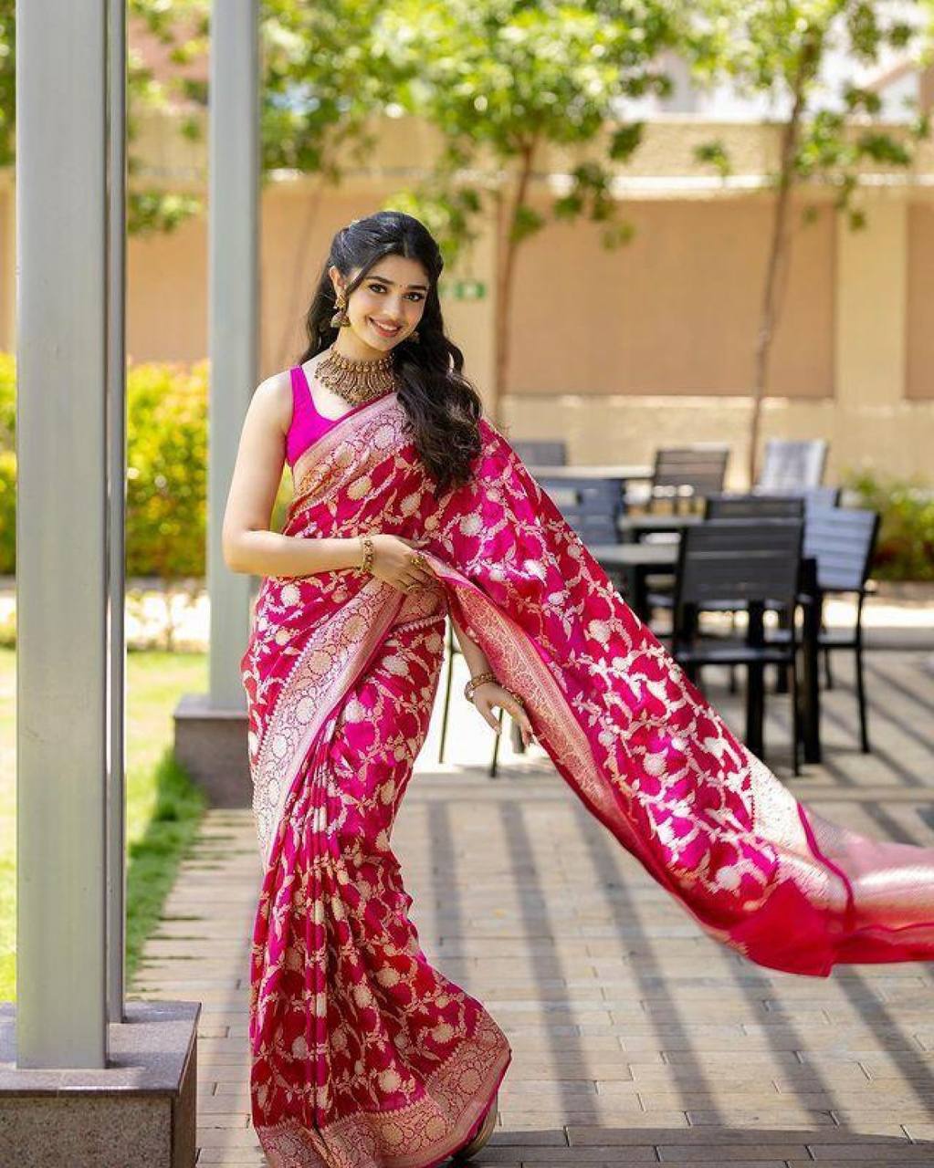 Rani Pink Banarasi Silk Saree with Gold Zari Floral Weaving