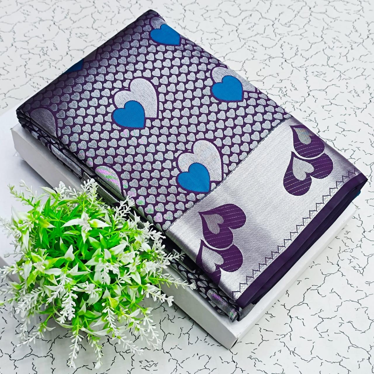Modern Heart-Motif Purple Silk Saree with Silver Zari Border