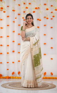 Elegant Ivory White Cotton Saree with Olive Green Border – Minimal Festive Look