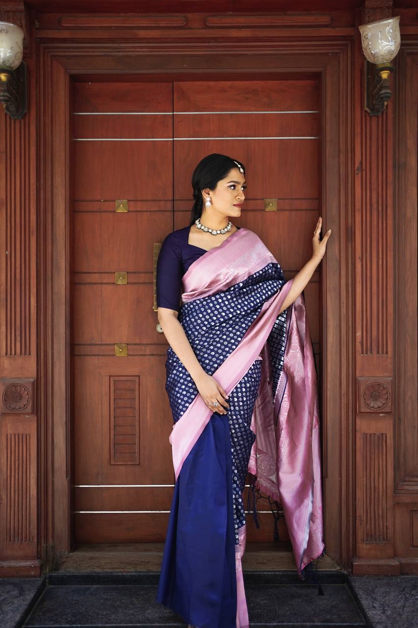 Navy Blue and Baby Pink Banarasi Silk Saree with Woven Motifs