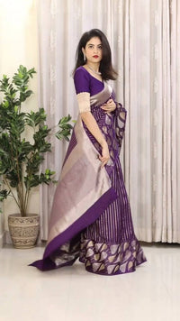 Purple Banarasi Silk Saree with Heart Motif and Silver Zari Border