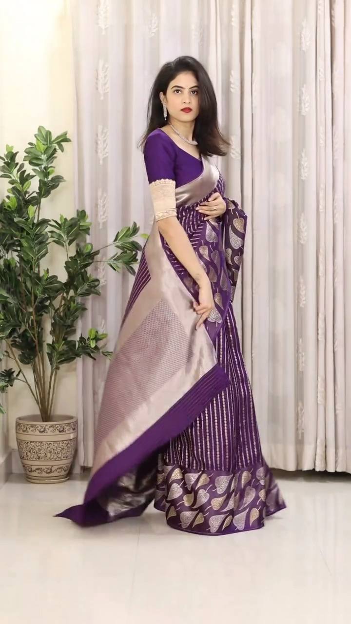 Purple Banarasi Silk Saree with Heart Motif and Silver Zari Border