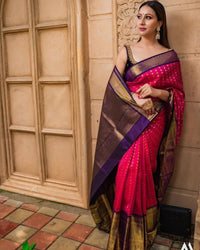 Elegant Rani Pink Kanchipuram Style Silk Saree with Royal Purple Gold Zari Border